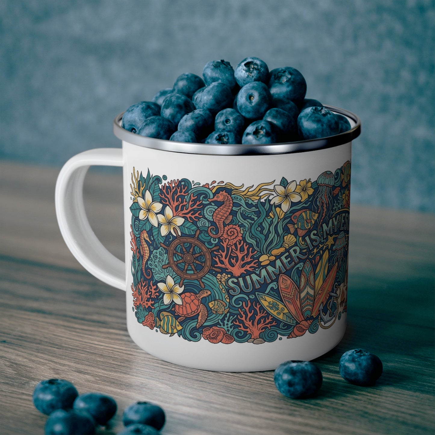 Summer Is My Escape Enamel Camping Mug — Tropical Beach Camping Adventure