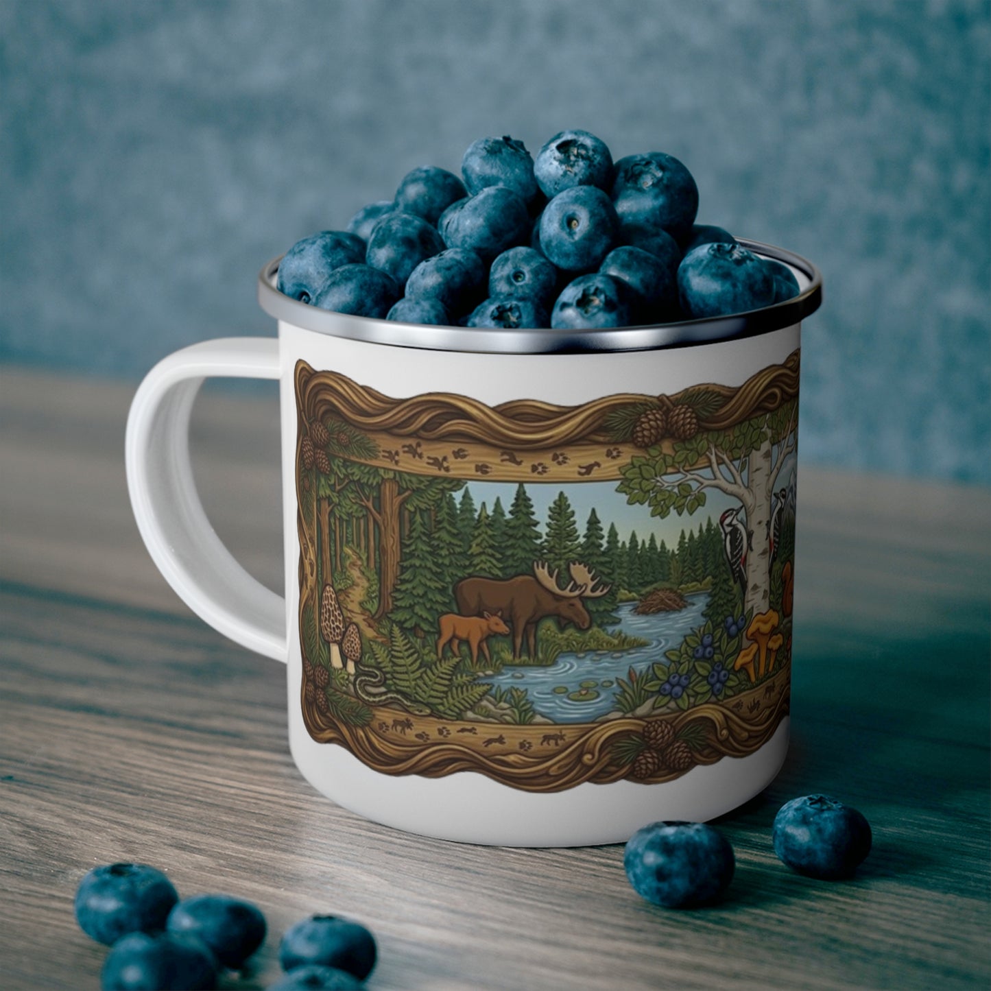 Enamel Camping Mug — Woodland Wildlife Scene (Fox, Wolf, Squirrel) — Outdoor Coffee Cup, Nature Lover Gift