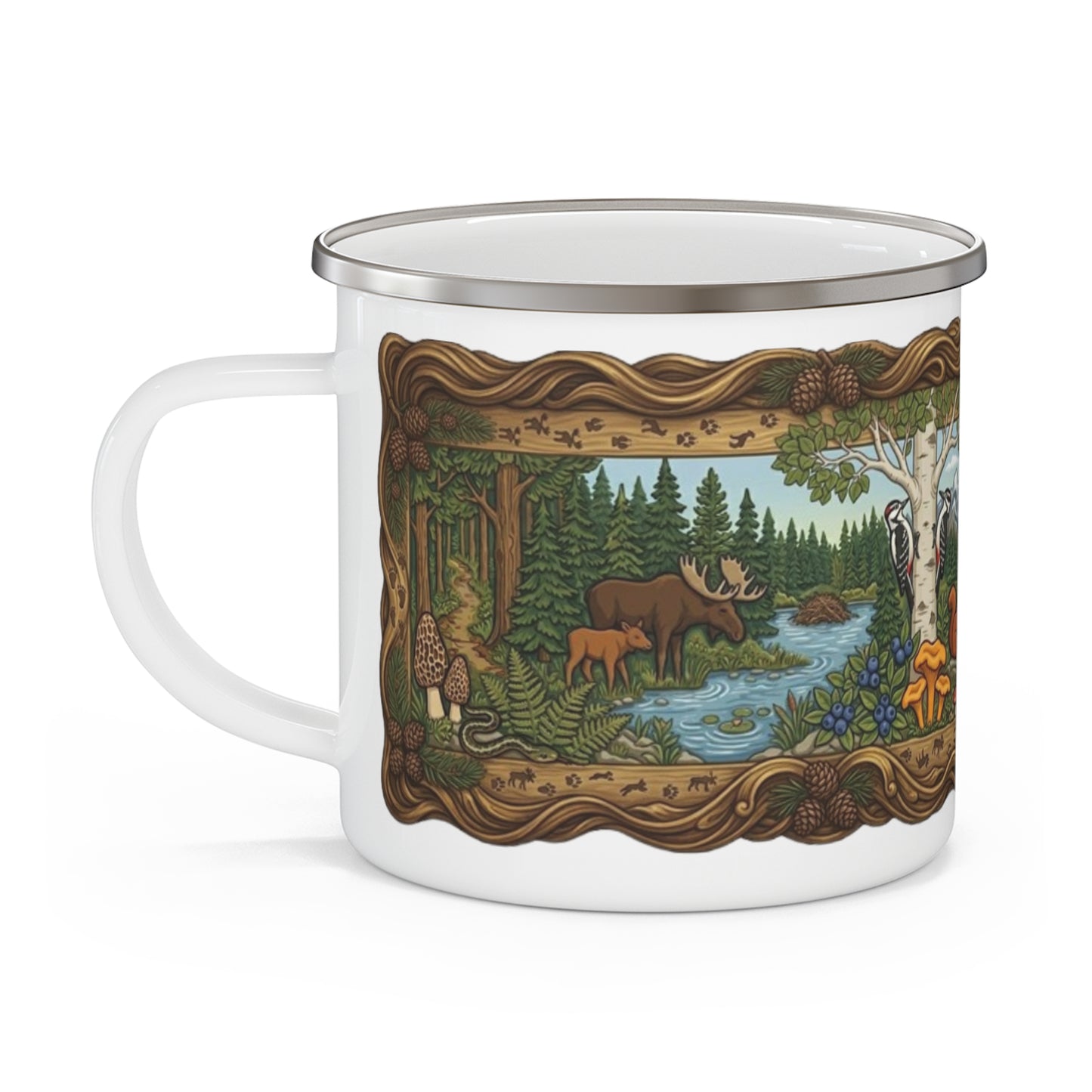 Enamel Camping Mug — Woodland Wildlife Scene (Fox, Wolf, Squirrel) — Outdoor Coffee Cup, Nature Lover Gift