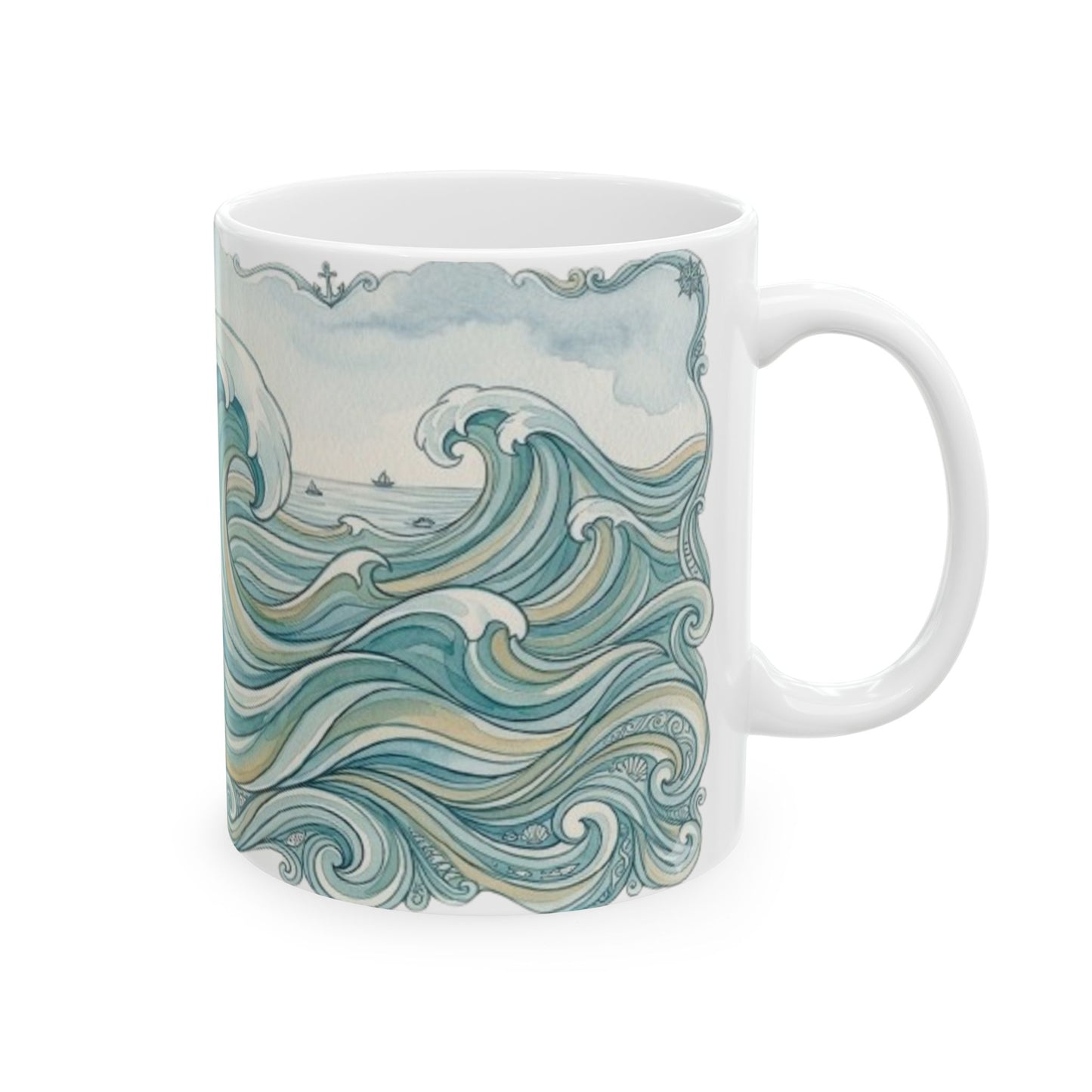 Ocean Wave Ceramic Mug — Hand-Drawn Seascape Coffee Cup (11oz & 15oz)
