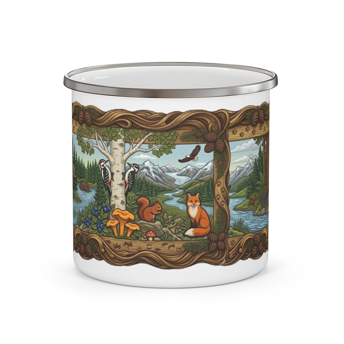 Enamel Camping Mug — Woodland Wildlife Scene (Fox, Wolf, Squirrel) — Outdoor Coffee Cup, Nature Lover Gift