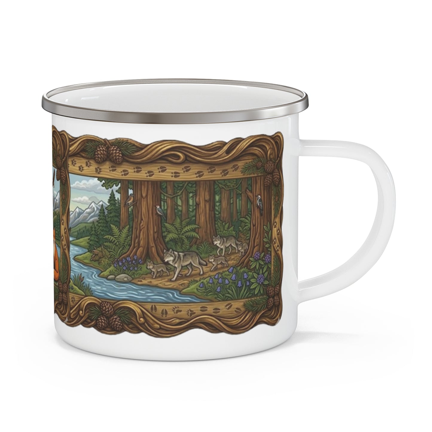 Enamel Camping Mug — Woodland Wildlife Scene (Fox, Wolf, Squirrel) — Outdoor Coffee Cup, Nature Lover Gift