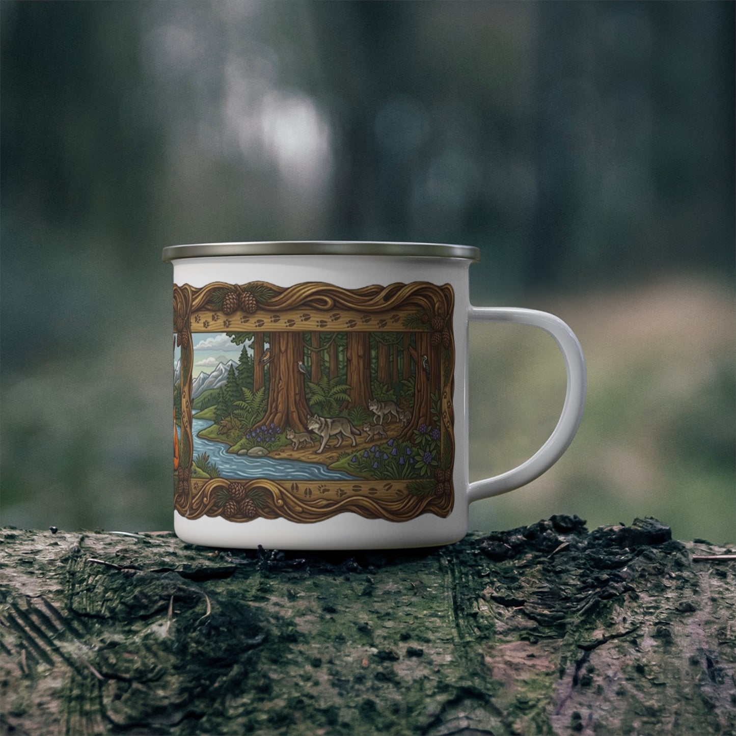 Enamel Camping Mug — Woodland Wildlife Scene (Fox, Wolf, Squirrel) — Outdoor Coffee Cup, Nature Lover Gift