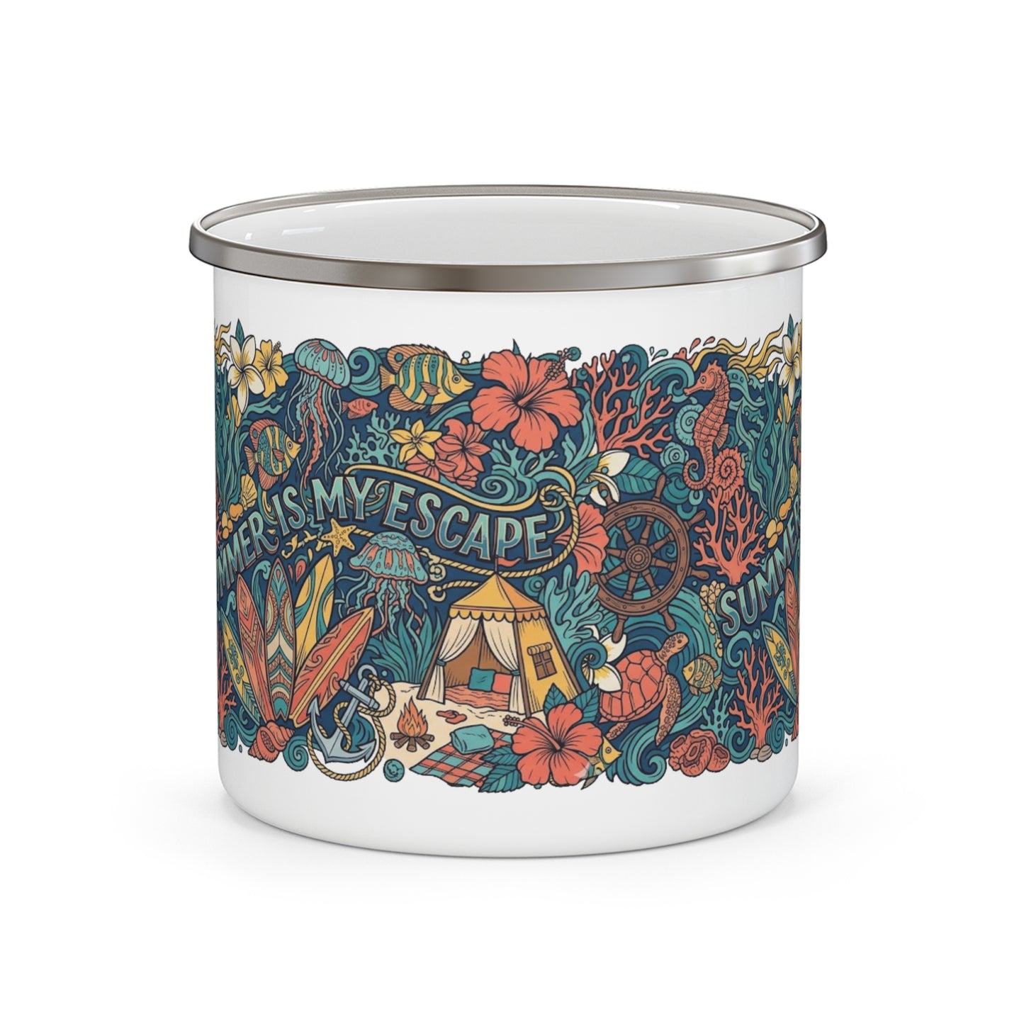 Summer Is My Escape Enamel Camping Mug — Tropical Beach Camping Adventure