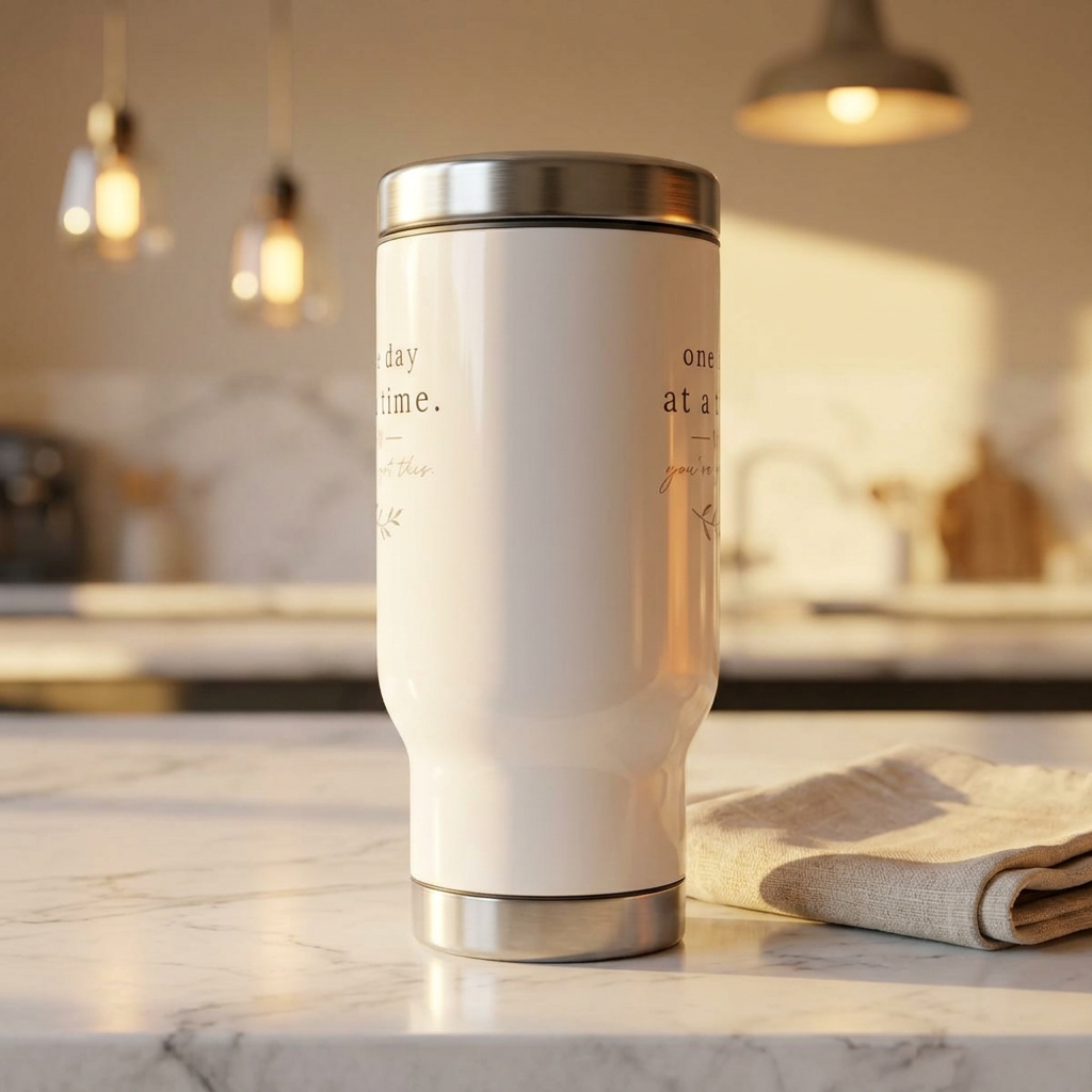 Travel Mug — "One Day at a Time" Inspirational Stainless Steel 14oz with Handle