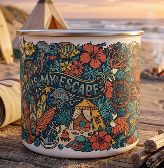 Summer Is My Escape Enamel Camping Mug — Tropical Beach Camping Adventure