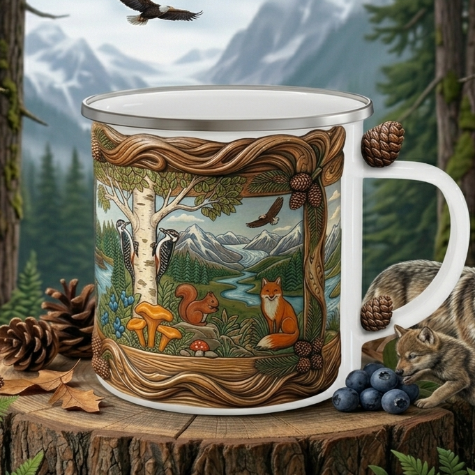 Enamel Camping Mug — Woodland Wildlife Scene (Fox, Wolf, Squirrel) — Outdoor Coffee Cup, Nature Lover Gift