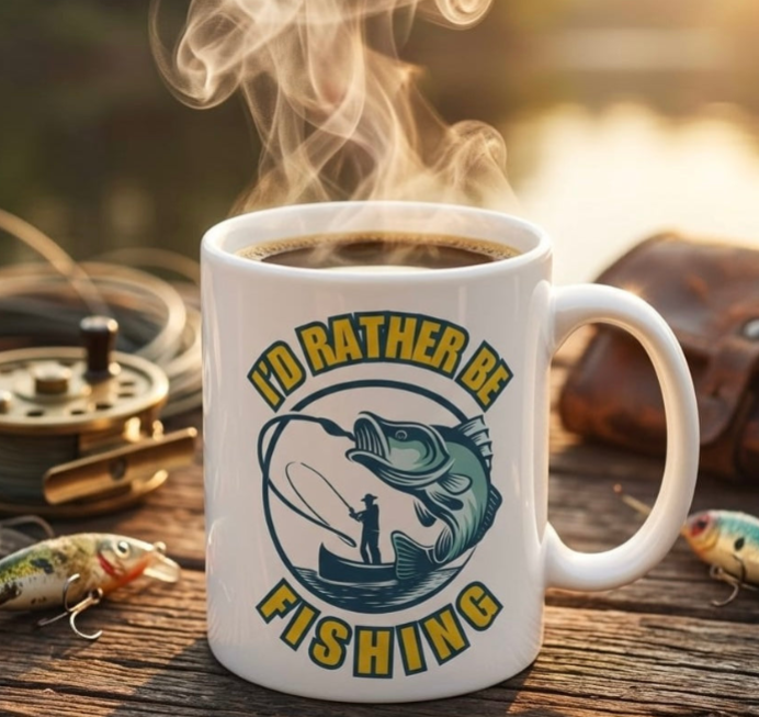 15oz Mug — "I'd Rather Be Fishing" Graphic Coffee Cup for Anglers