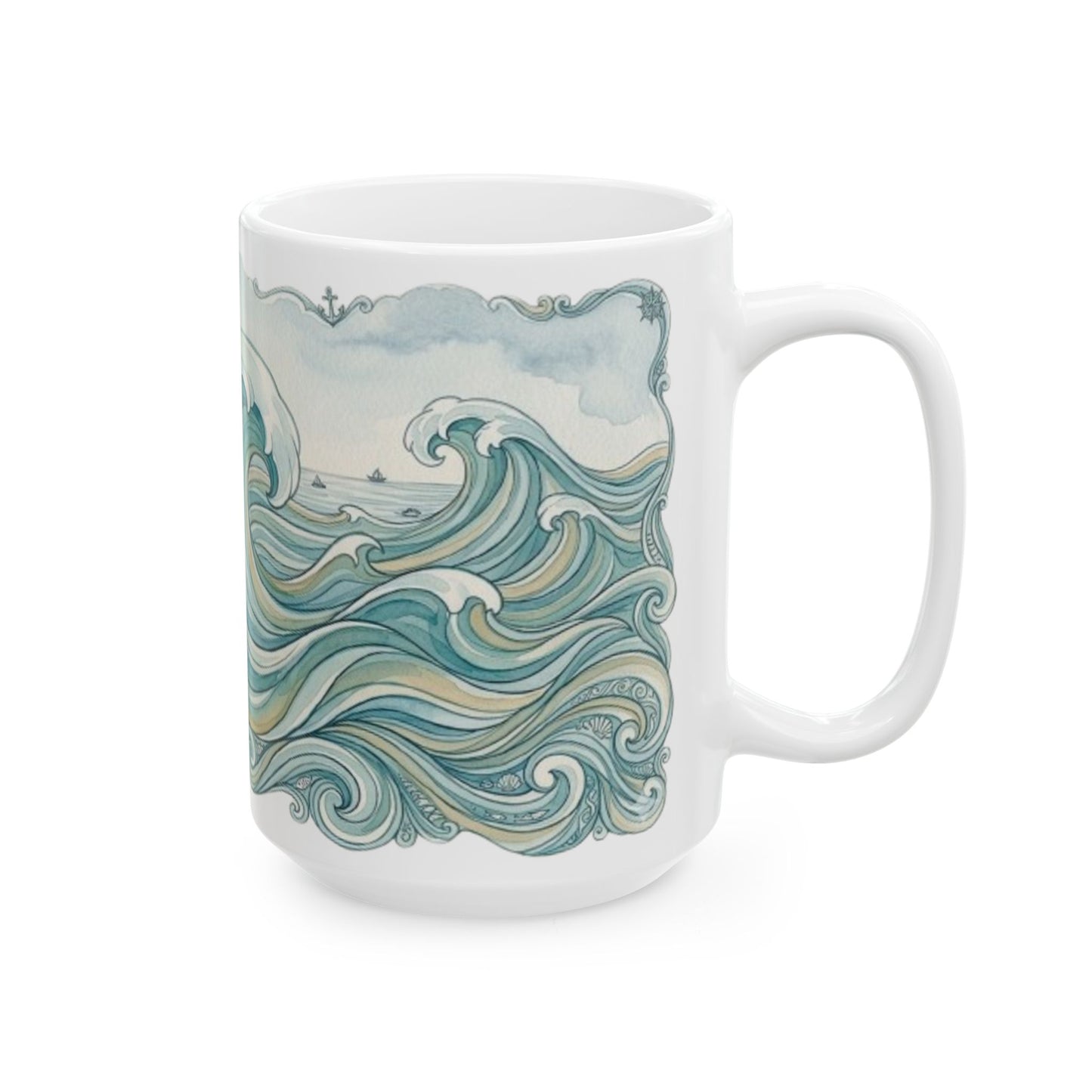 Ocean Wave Ceramic Mug — Hand-Drawn Seascape Coffee Cup (11oz & 15oz)
