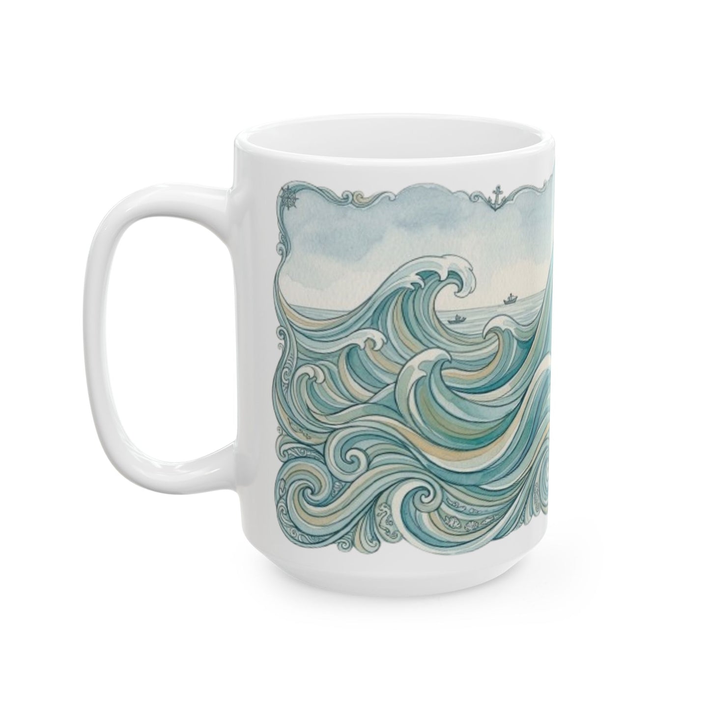 Ocean Wave Ceramic Mug — Hand-Drawn Seascape Coffee Cup (11oz & 15oz)