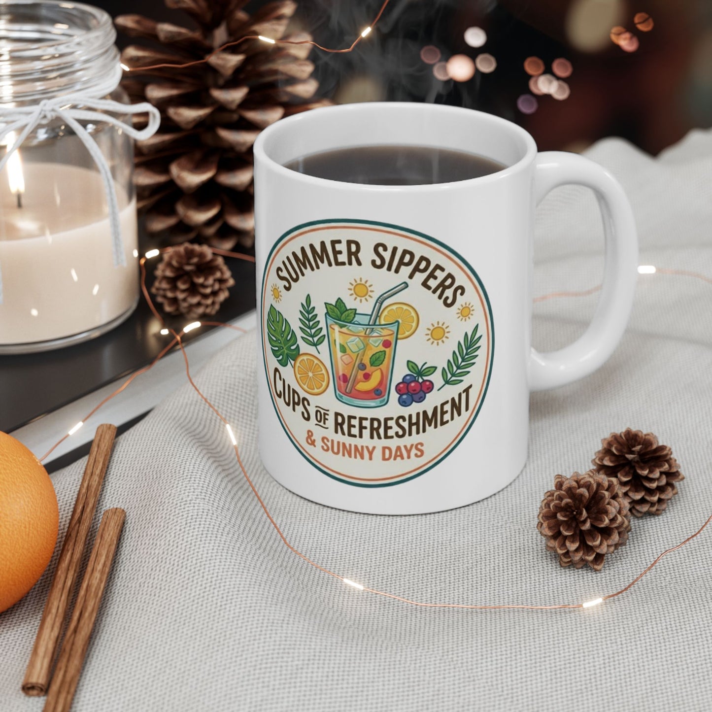 Summer Sippers Ceramic Mug — "Cups & Commitment" Tropical Coffee Tea Cup (11oz & 15oz)