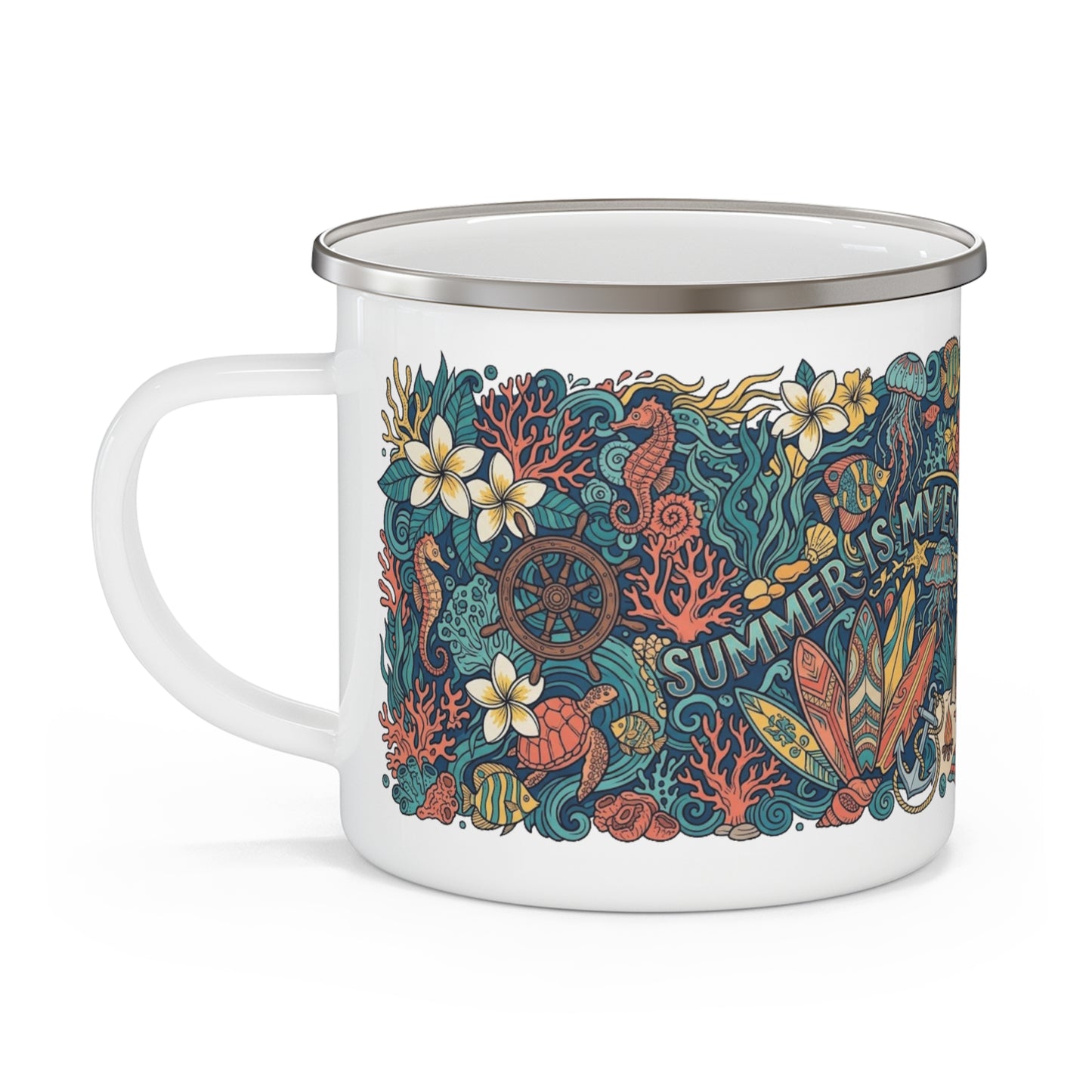 Summer Is My Escape Enamel Camping Mug — Tropical Beach Camping Adventure