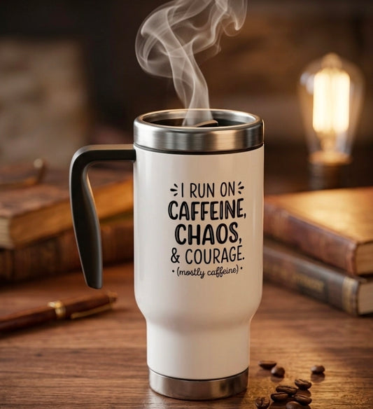 Travel Mug — "I Run on Caffeine, Chaos & Courage" 14oz Stainless Steel
