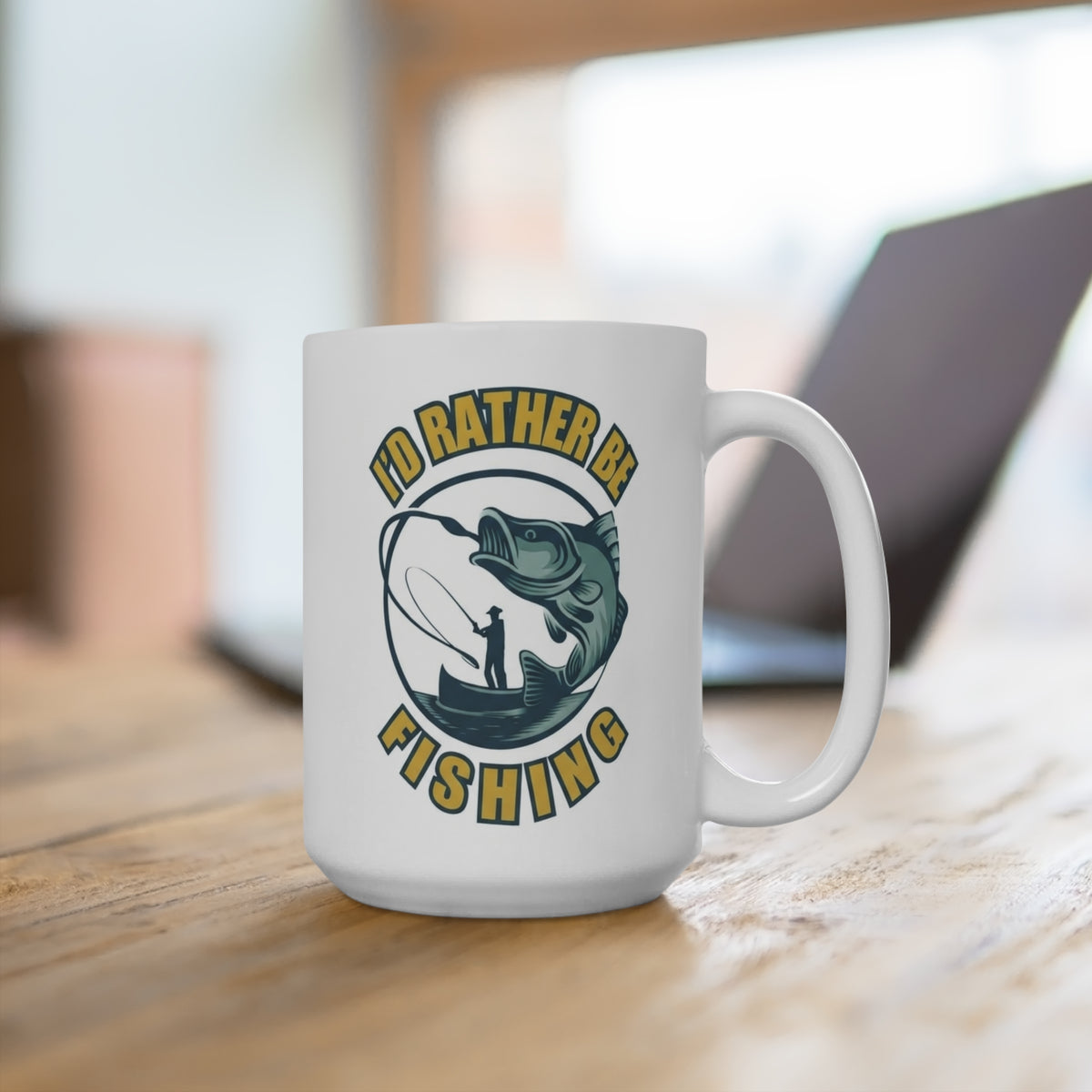 15oz Mug — "I'd Rather Be Fishing" Graphic Coffee Cup for Anglers