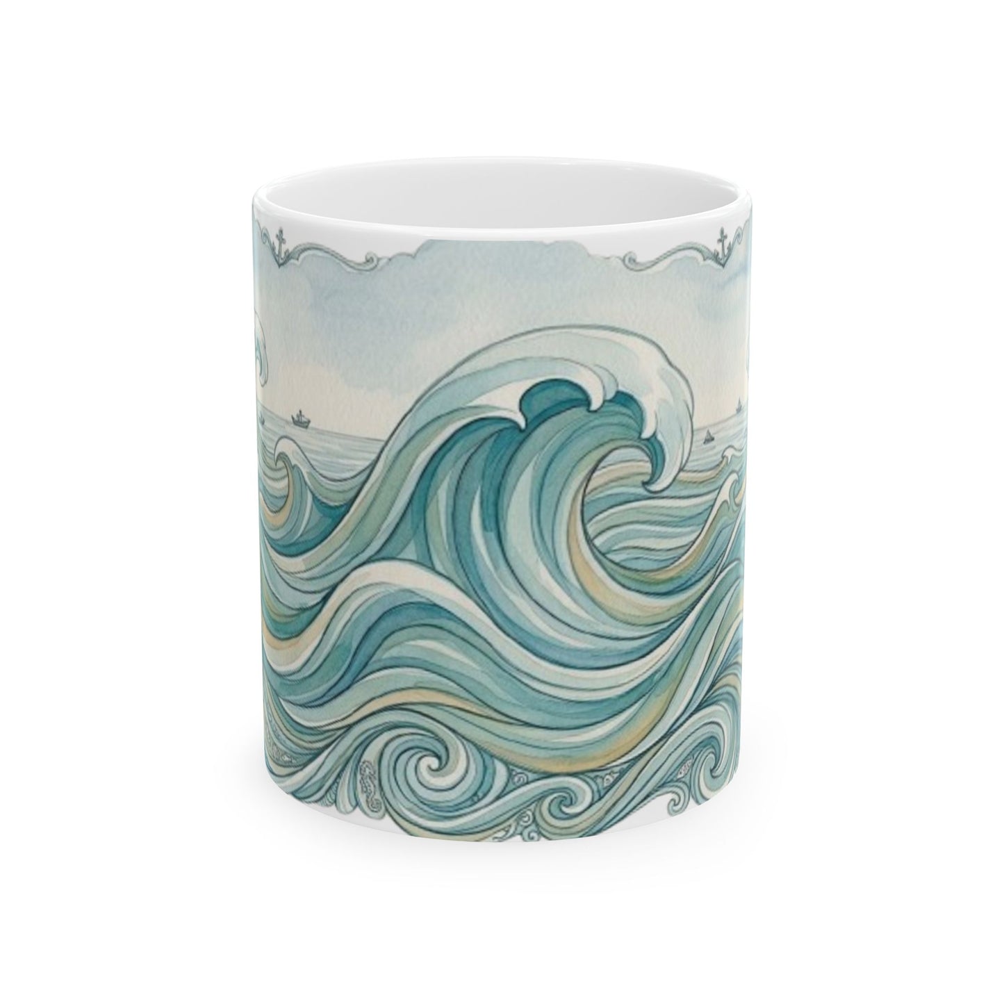 Ocean Wave Ceramic Mug — Hand-Drawn Seascape Coffee Cup (11oz & 15oz)