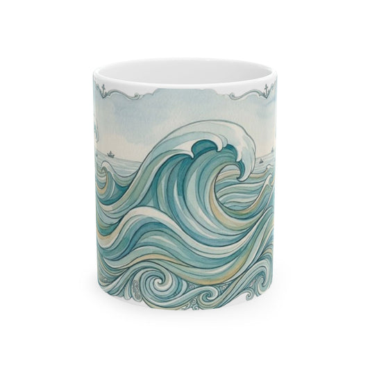 Ocean Wave Ceramic Mug — Hand-Drawn Seascape Coffee Cup (11oz & 15oz)