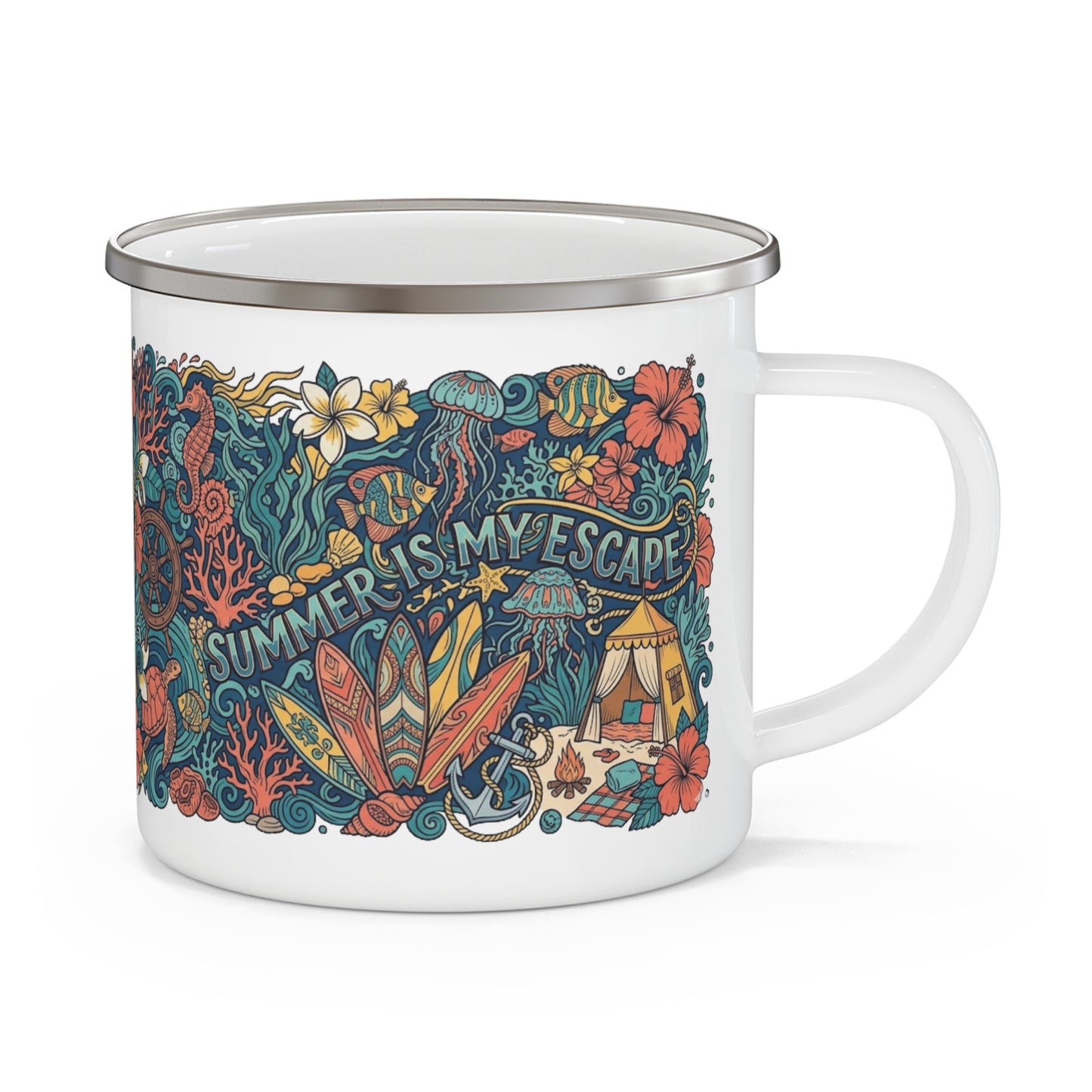 Summer Is My Escape Enamel Camping Mug — Tropical Beach Camping Adventure