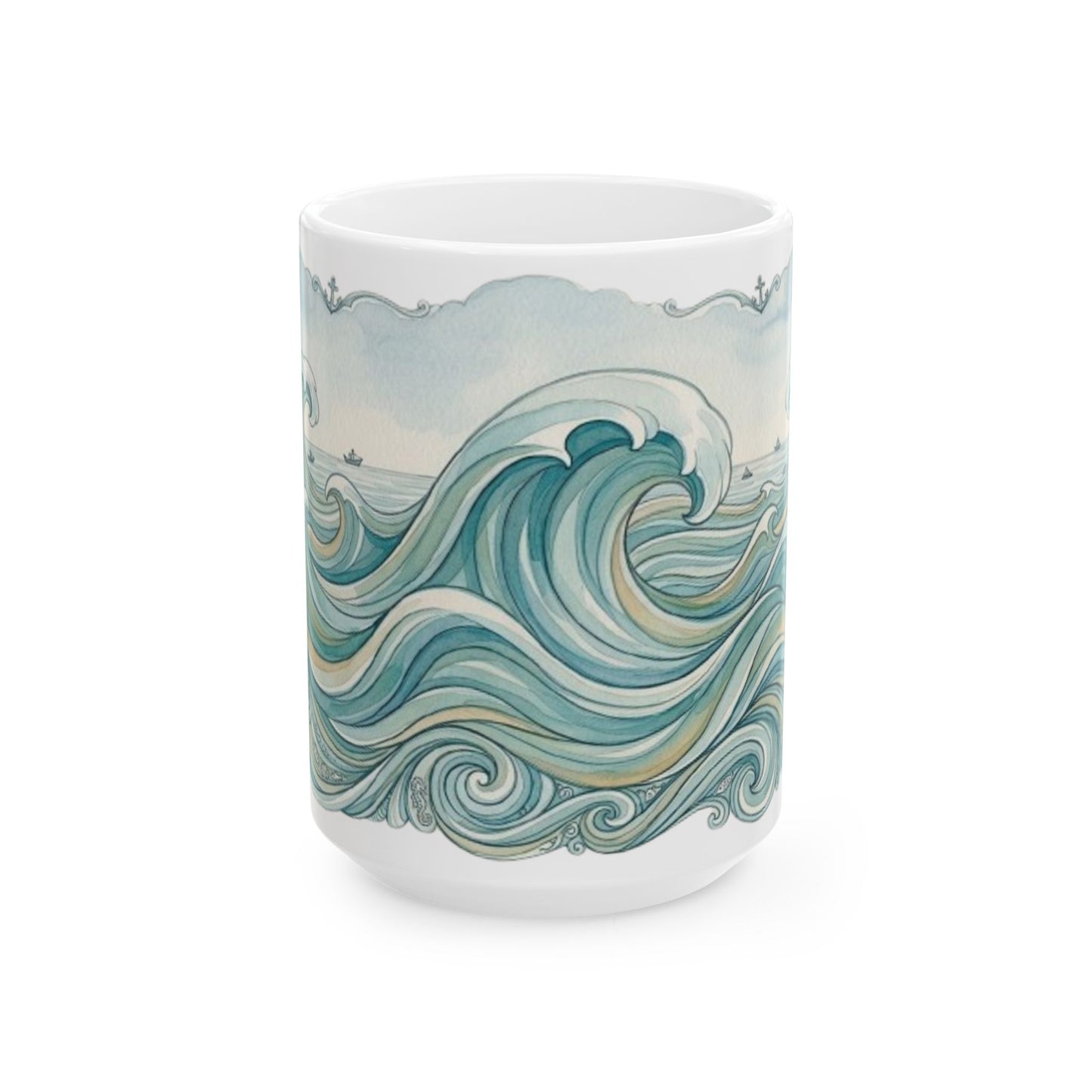 Ocean Wave Ceramic Mug — Hand-Drawn Seascape Coffee Cup (11oz & 15oz)