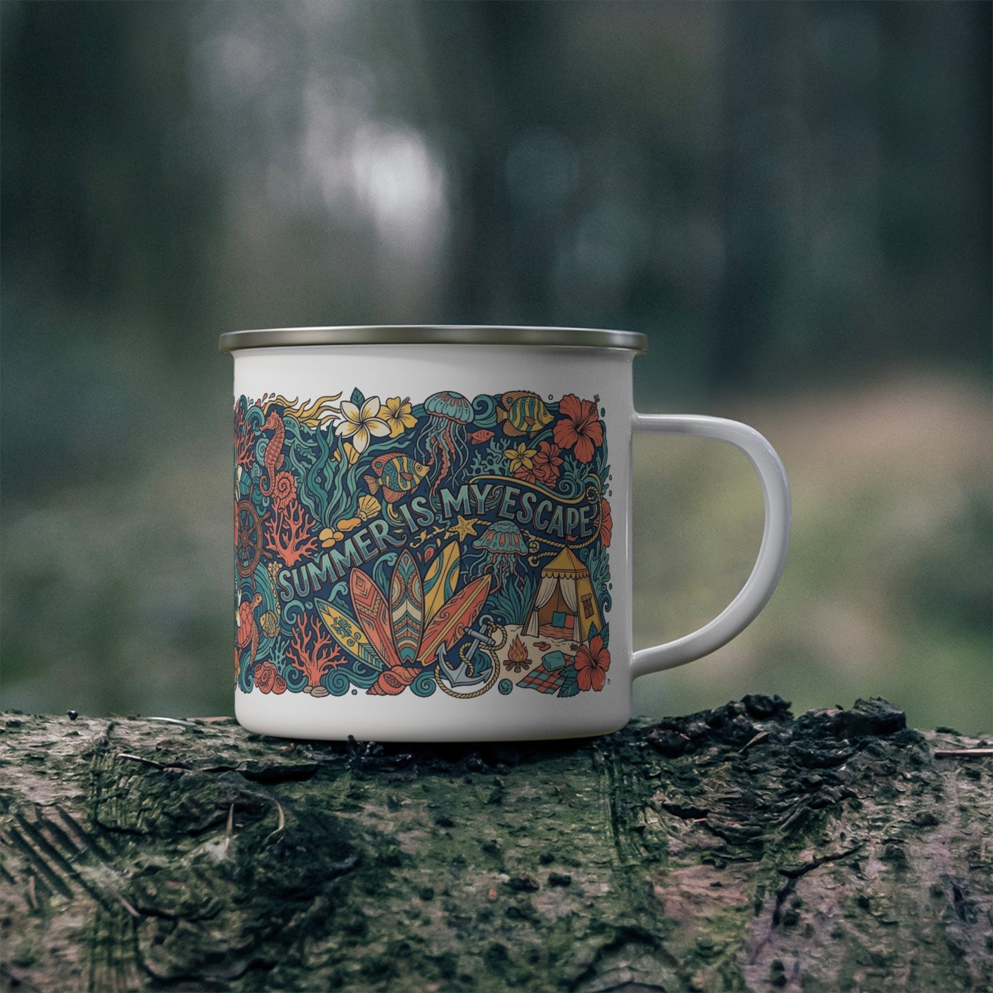Summer Is My Escape Enamel Camping Mug — Tropical Beach Camping Adventure
