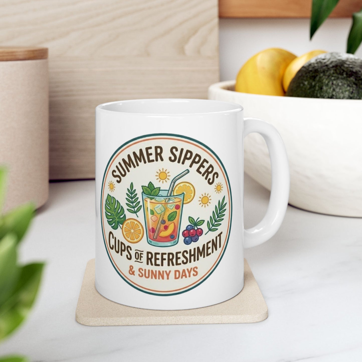 Summer Sippers Ceramic Mug — "Cups & Commitment" Tropical Coffee Tea Cup (11oz & 15oz)