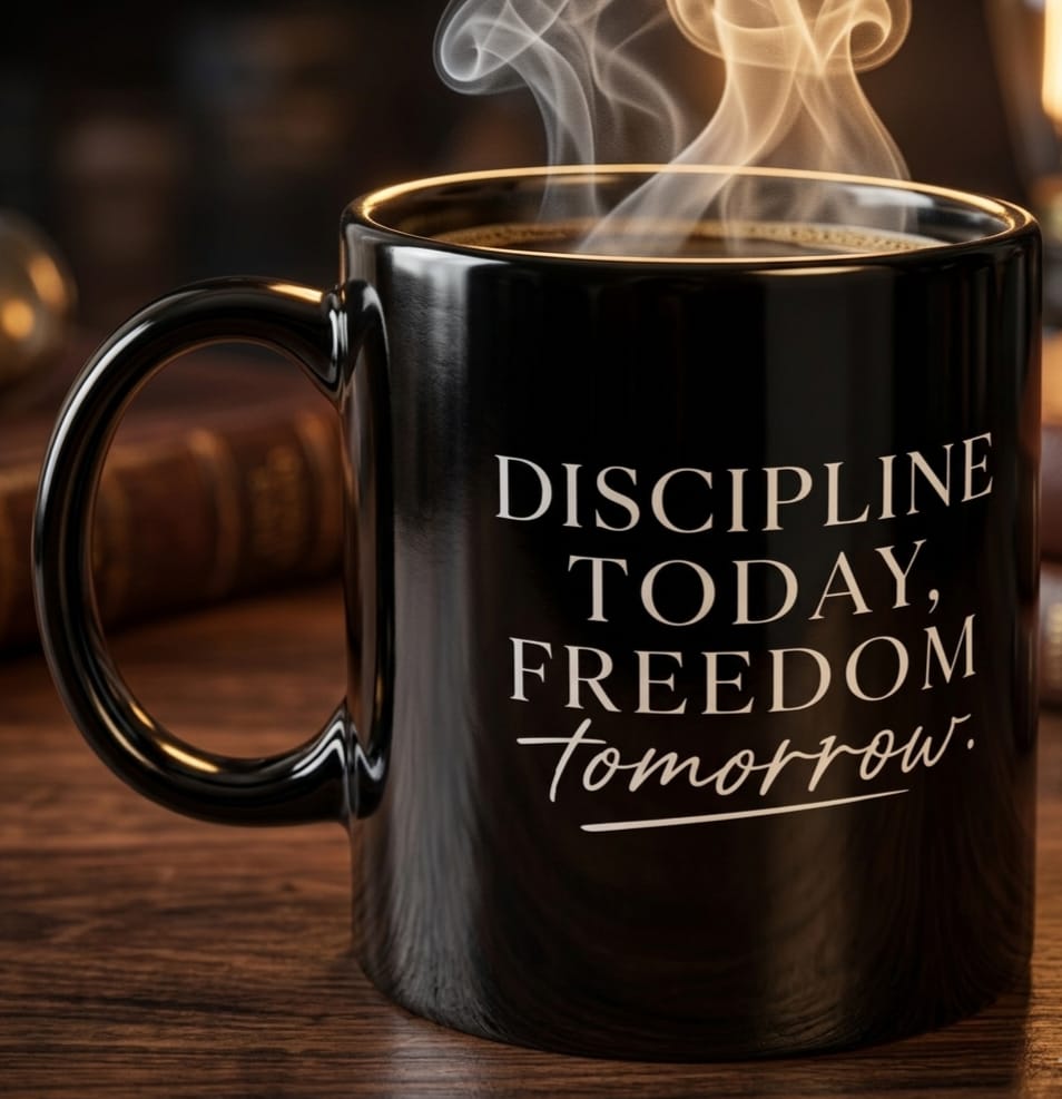 Discipline Today, Freedom Tomorrow — Inspirational Black Mug (11oz & 15oz)