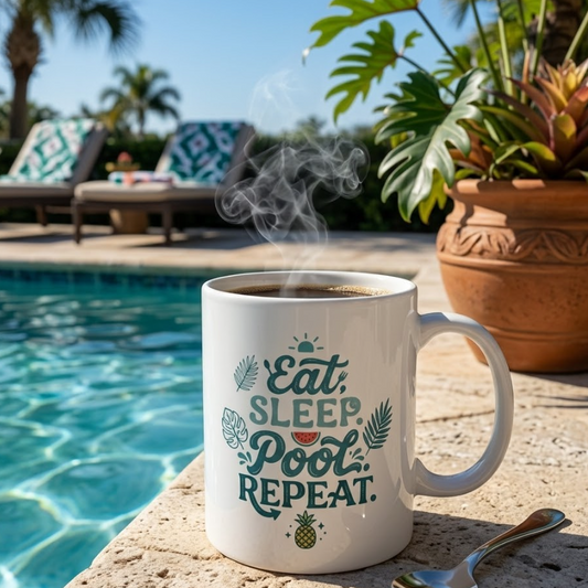 Ceramic Mug — "Eat, Sleep, Pool Repeat" Summer Coffee Cup